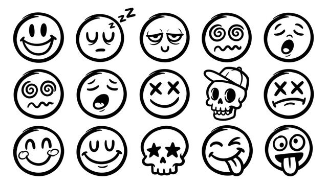 Hand drawn smiley face emoticons and skull doodles vector set in black line art style for streetwear and sticker design