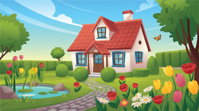 beautiful house with red roof and garden flowers
