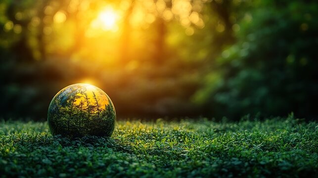 Moss-covered globe resting on a verdant ground beneath golden sunset light