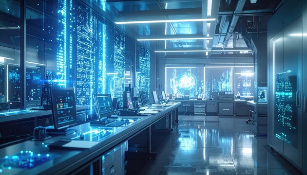 A futuristic laboratory filled with glowing blue data streams and computer workstations.