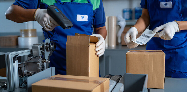 Workers in blue uniforms using barcode scanners for inventory control on packages with warehouse shipping inventory logistics tracking scanning distribution management industrial