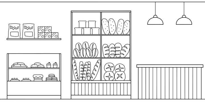 Bakery interior graphic black white sketch illustration vector 