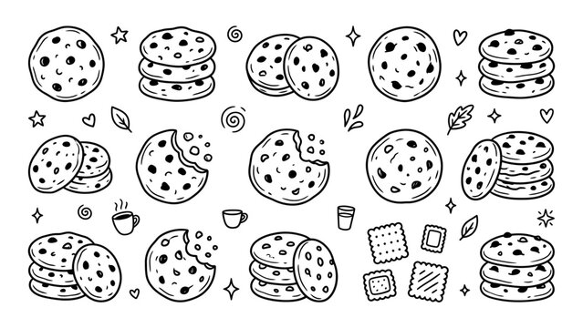 Chocolate chip cookie doodle set with hand drawn biscuits and snacks vector line art for bakery menu design