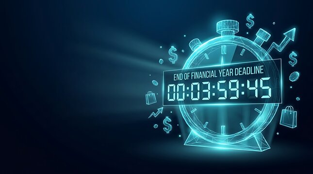 Digital glowing countdown clock with financial business icons. end of the year sales offer eofy business offer countdown deadline. end of the year sales offer eofy business offer