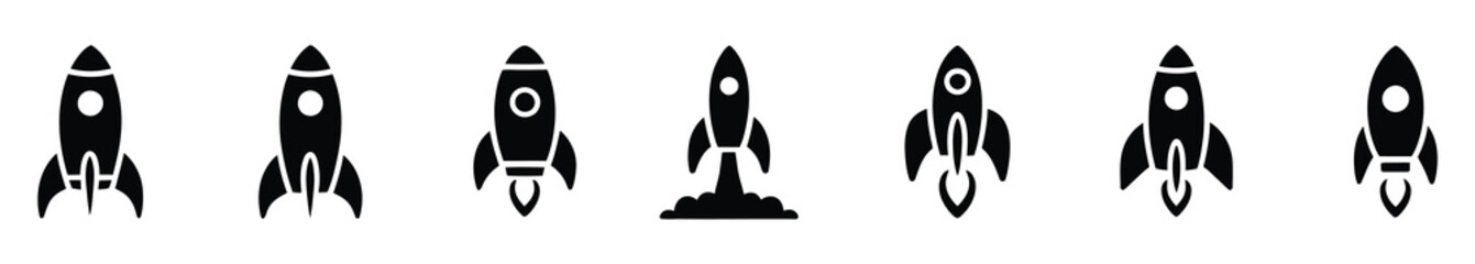 Rocket Ship Icons Illustration, Collection of Ten Distinct Flat Black Rocket Symbols Showcasing Different Styles from Simple Geometric Shapes to Detailed Launch Sequences, Perfect for Space Exploratio © Vector Creator