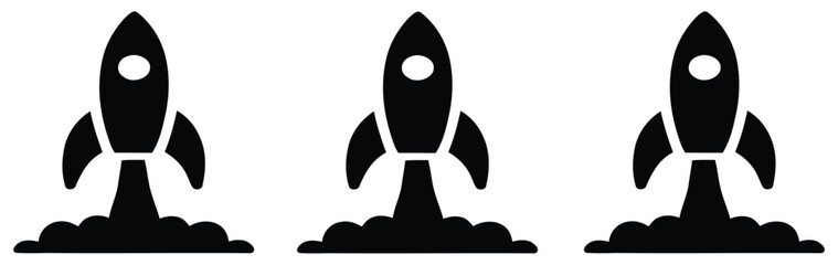 Rocket Ship Icons Illustration, Collection of Ten Distinct Flat Black Rocket Symbols Showcasing Different Styles from Simple Geometric Shapes to Detailed Launch Sequences, Perfect for Space Exploratio © Vector Creator