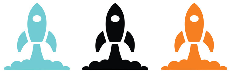 Rocket Ship Icons Illustration, Collection of Ten Distinct Flat Black Rocket Symbols Showcasing Different Styles from Simple Geometric Shapes to Detailed Launch Sequences, Perfect for Space Exploratio © Vector Creator