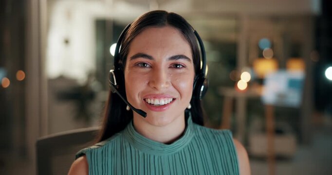 Night, face and woman with headset in office for customer care, virtual consultation or IT help desk. Portrait, smile or call center agent with tech support hotline for assistance, pov or late advice