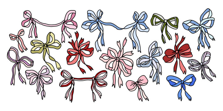 Collection of whimsical colorful hand drawn ribbon bow clipart elements for birthday gift decoration, greeting cards