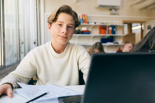 Portrait of teenage boy sitting at desk in classroom at junior high school