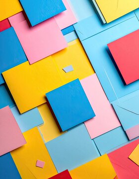 A vibrant arrangement of colorful paper squares and envelopes creates a lively composition.