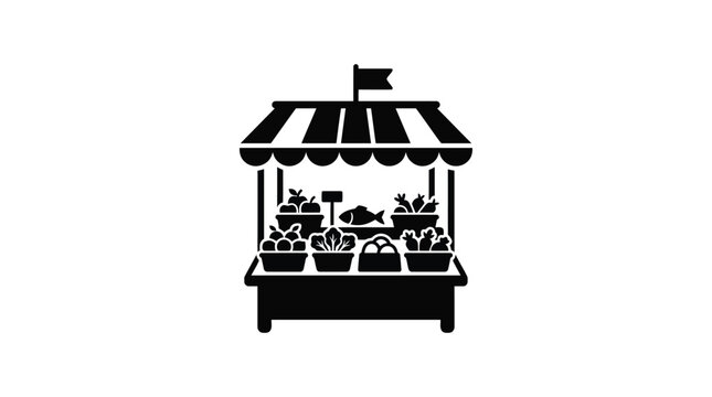 Market stall with produce and fish black silhouette vegetables fruits food grocery