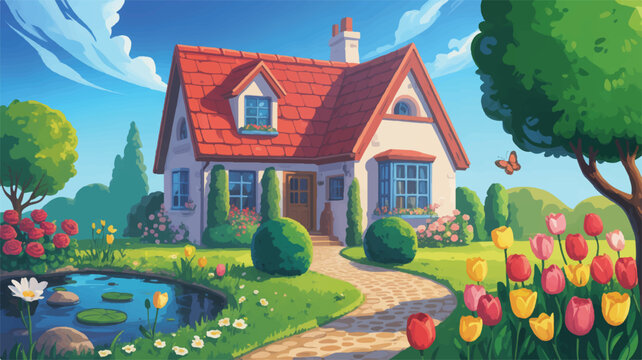 cartoon house with red roof and garden pond and flowers