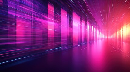 Fototapeta premium Neon-Lit Futuristic Corridor with Vibrant Pink and Purple Light Trails Extending into Darkness