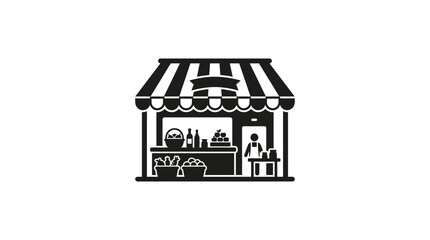Naklejka premium Market stall with awning and produce flat black silhouette vendor shop store
