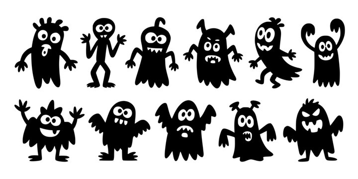 Ghosts with Different Expressions and Poses in a Playful Style Featuring Cartoon, Black, Silhouettes with Halloween and Spooky Elements for Fun, Cute