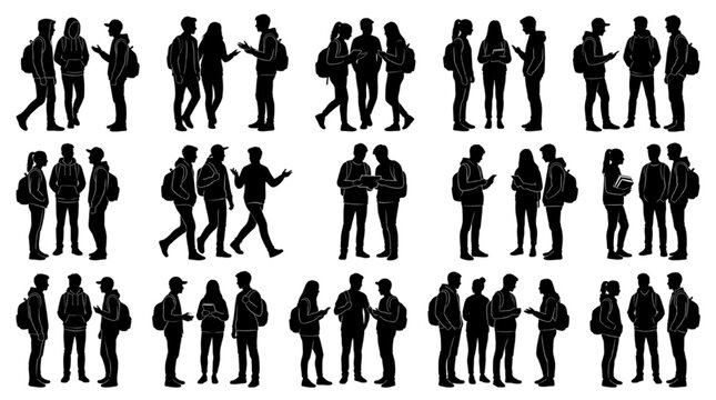 Student & Adult Group Silhouette CAD Entourage &mdash; Conversing Backpack Figures Block Set
