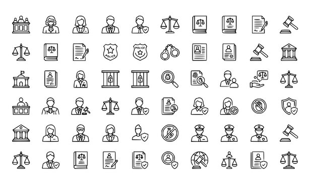 Legal System and Courtroom Outline Icons Set Featuring Judge Attorney Police Badge Scales Gavel Prison and Legislation