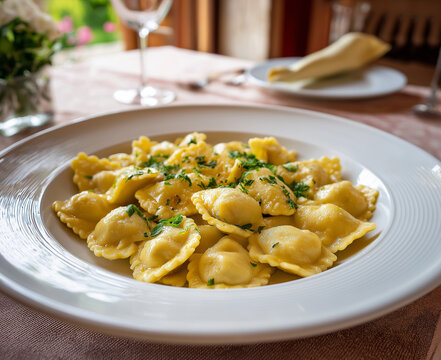Agnolotti del Plin &ndash; Traditional Piedmont Pasta with Butter and Sage in Italian Restaurant