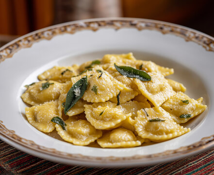 Agnolotti del Plin &ndash; Traditional Piedmont Pasta with Butter and Sage in Italian Restaurant