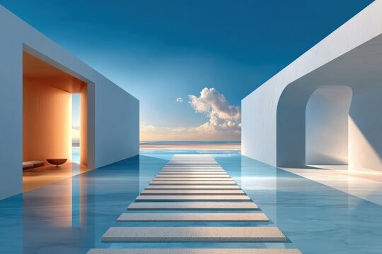 Minimal modern architecture with a reflective water path leading to a serene seaside sunset view