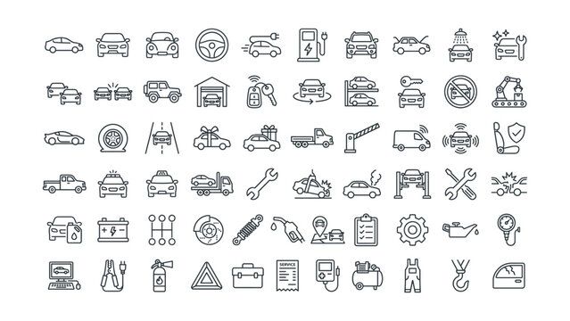 Comprehensive collection of automotive vehicle and car service line icons including repair tools transportation types and driving related symbols perfect for modern auto industry projects
