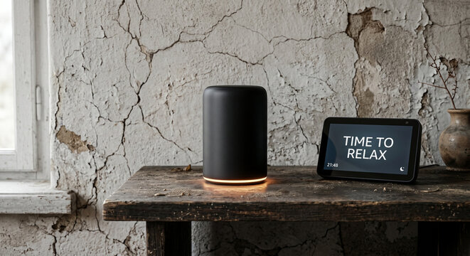 Minimalist smart speaker glowing softly against a cracked plaster wall in a calm modern interior style, featuring &ldquo;TIME TO RELAX&rdquo; digital typography