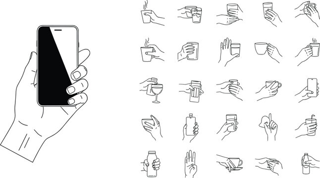 Human hands holding objects line icons set containing person with smartphone coffee mug glass of water and bottle elements vector illustration