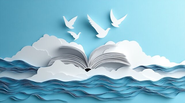 Open book floating on a stylized ocean beneath a bright sky with clouds and soaring birds, symbolizing imagination and knowledge