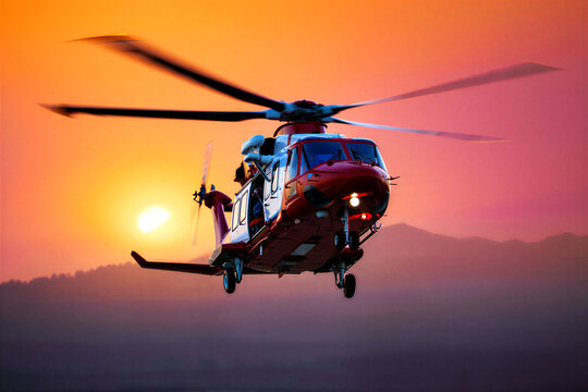 Modern red and white rescue helicopter flying at sunset with rotating blades in action