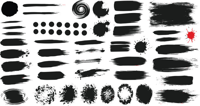 Ink brush stroke vector set showing black paint texture splatters spots frames circles and artistic elements