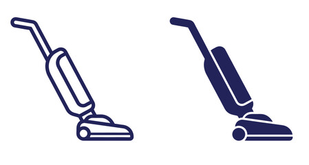 Two icons depicting an upright stick vacuum cleaner, one in outline and one in solid dark blue fill. © Abid