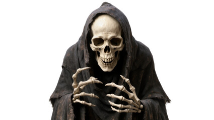 Grim Reaper skeleton figure with bony hands, isolated on transparent background