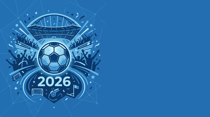Dynamic soccer stadium background with football and fans for World Cup 2026, blue sports tournament template with copy space © Five Million Stock