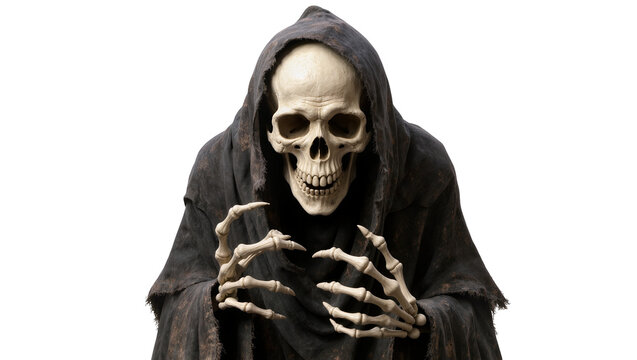 Grim Reaper skeleton figure with bony hands, isolated on transparent background