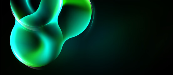 Naklejka premium Abstract green shapes blend, creating luminous curves. Dark background emphasizes glowing forms, suggesting energy, fluidity.
