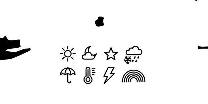 Icons Set with Umbrella, Sun, Cloud, Star, Lightning, Thermometer, Wifi, and Speckled Design Symbols on White Background