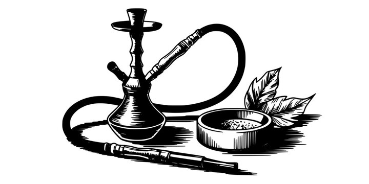 Hookah with Accessories and Tobacco Bowl in a Detailed Illustration Featuring Shisha, Hose, Pipe with Smoking and Black and White Elements