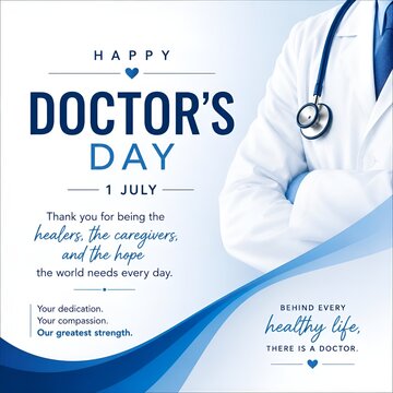 Happy doctor day july 1st poster design featuring medical professional with stethoscope background