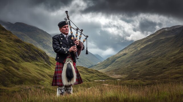 Bagpiper Performing In Misty Highlands
