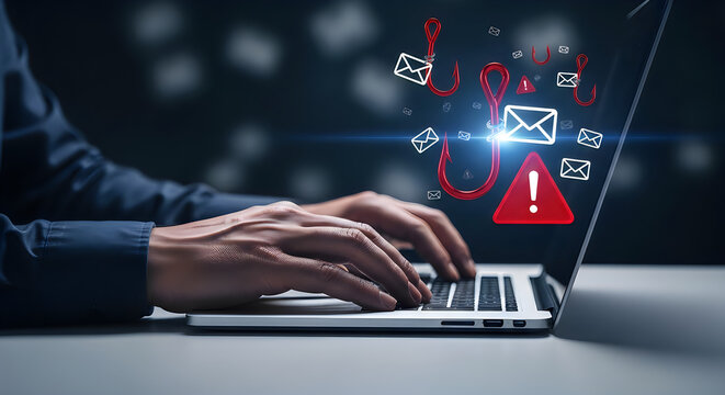Cybersecurity alert, hacker attack, email threat, computer warning, online danger technology