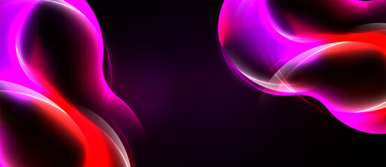 Naklejka premium Abstract neon shapes dominate dark background. Vibrant pinks, reds create flowing, luminous forms. Smooth gradients suggest energy, movement.