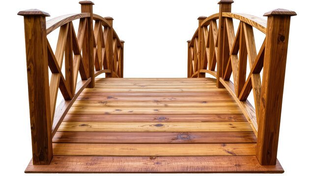 Wooden garden bridge with arched railings, isolated on transparent background