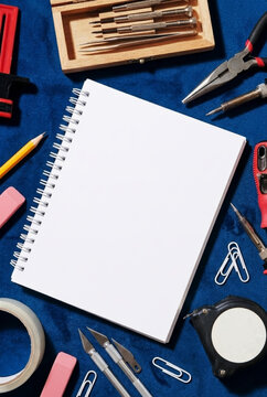 Blank White Ring Notepad Mockup on Dark Blue Velvet Background with Work Tools Crafting Flat Lay