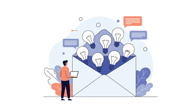 Professional man holding laptop and standing next to large envelope overflowing with multiple glowing lightbulb icons.