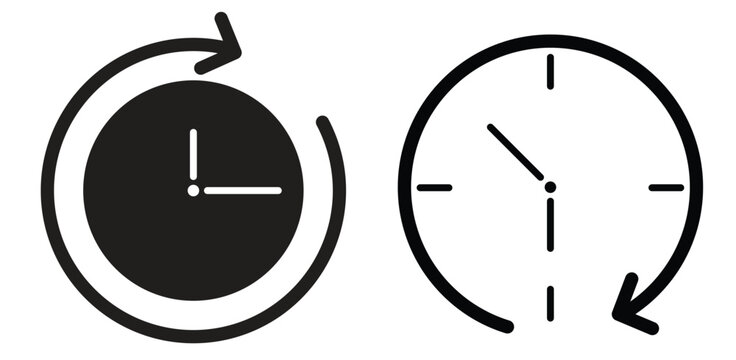 Black history backup and update clock icons featuring circular arrows around clock faces isolated on a white background