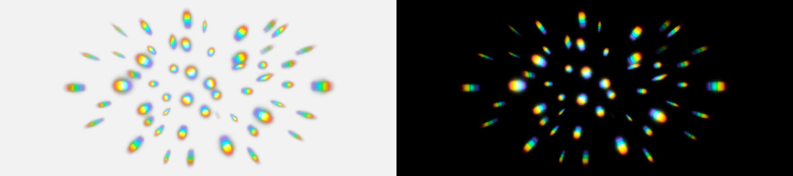 Outward radial burst of circular rainbow chromatic aberration bokeh light spots on transparent background