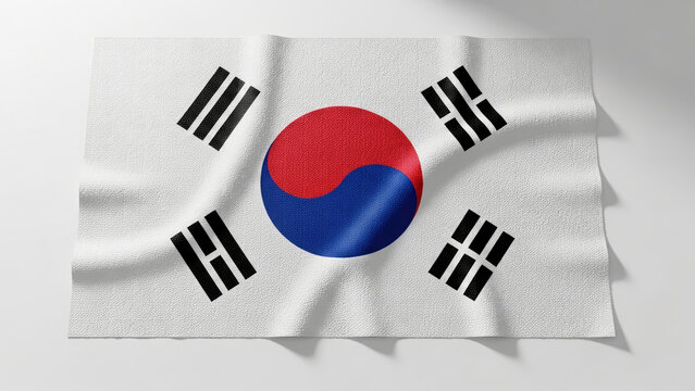 South Korean Flag Draped on White Fabric Background