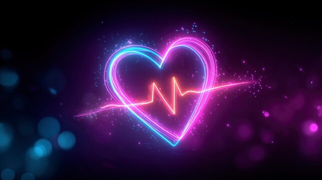 Neon heart pulse glowing on a dark bokeh background in a cinematic macro shot for healthcare technology and dating app marketing