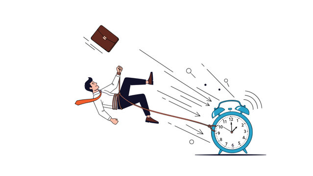 Businessman falling through the air while trying to hold back a ringing alarm clock with a rope to symbolize time management struggles.